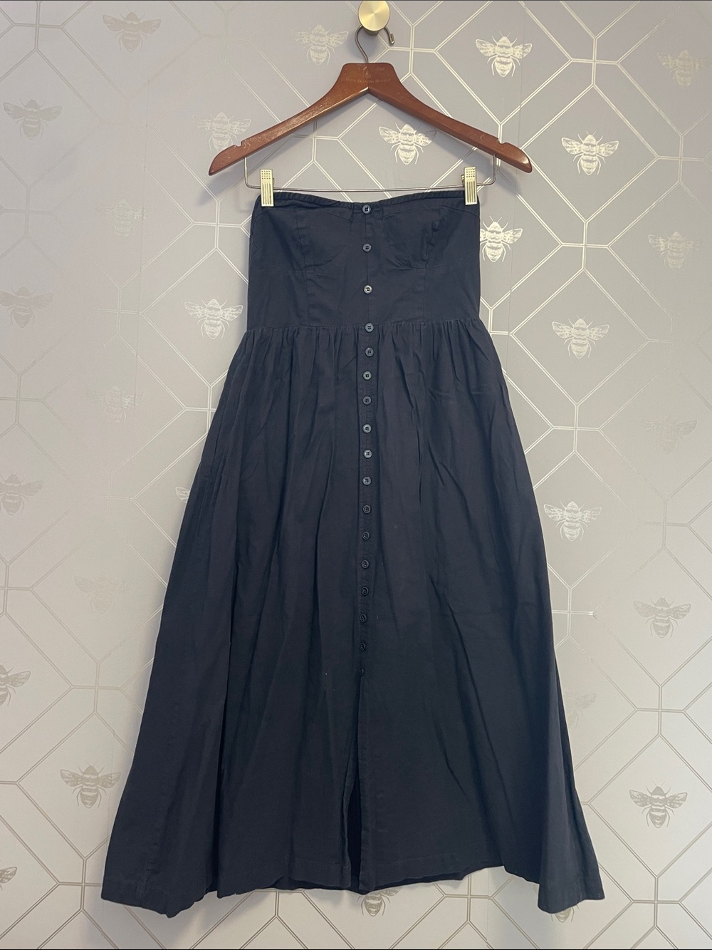 Strapless Black Button-Front Midi Dress
